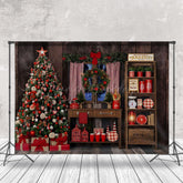 Lofaris Wooden House Bakery Christmas Tree Photo Backdrop
